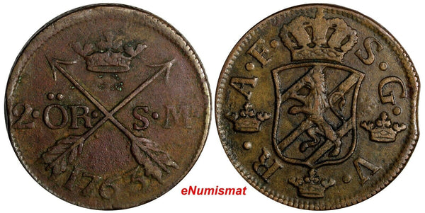 Sweden Adolf Frederick Copper 1763 2 Ore,S.M.Low Mintage-401,000 KM# 461/15614
