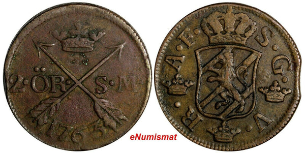 Sweden Adolf Frederick Copper 1763 2 Ore, S.M. Low Mintage-401,000 KM# 461