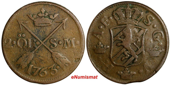 Sweden Adolf Frederick Copper 1763 2 Ore, S.M. Low Mintage-401,000 KM# 461