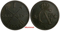 SWEDEN COPPER Gustaf IV Adolf 1802 1 SKILLING 34 mm KM#566 (15621)