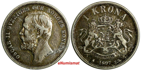 Sweden Oscar II Silver 1897 EB 1 Krona VF Condition Mintage-735,391 KM# 760