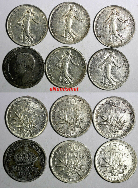 FRANCE LOT OF 6 SILVER COINS 1866-1920 50 Centimes KM# 814.1;KM# 854
