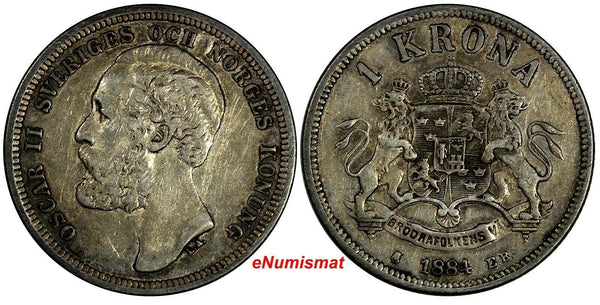 Sweden Oscar II Silver 1884 EB 1 Krona Mintage-382,000 SCARCE  KM# 747