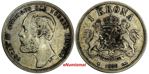 Sweden Oscar II Silver 1880 EB 1 Krona Mintage-177,000 SCARCE  KM# 747 (15 653)