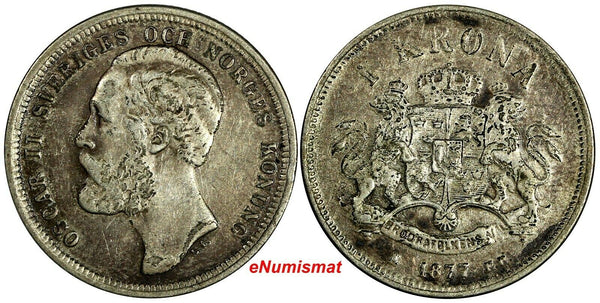 Sweden Oscar II Silver 1877 EB 1 Krona Mintage-554,000 1ST DATE TYPE  KM# 747