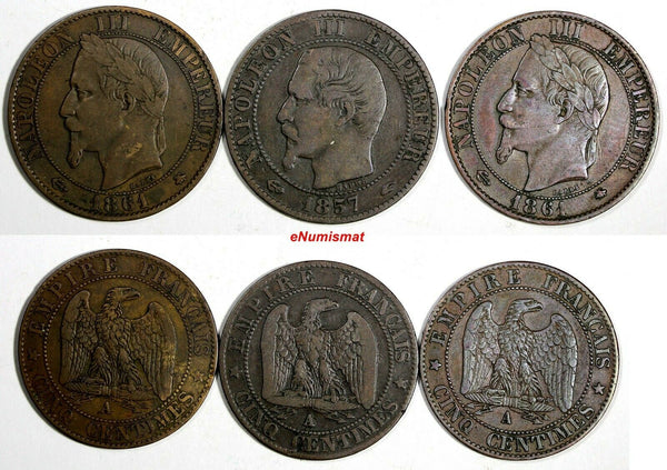 France Napoleon III Bronze LOT OF 3 Coins 1857-1861 5 Centimes KM#777.1;KM#797.1