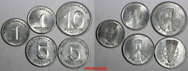 Germany - Democratic Aluminum LOT OF 5 COINS 1948-1952 10 ,5, 1 Pfennig (15 667)
