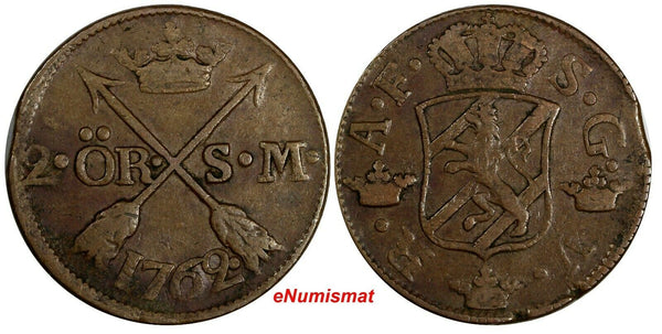 SWEDEN Adolf Frederick Copper 1762 S.M. 2 Ore SCARCE KM# 461(15 684)