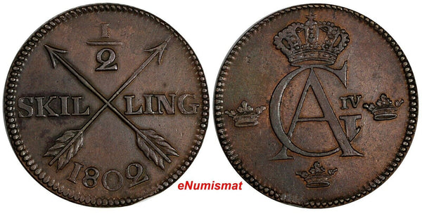 Sweden Gustaf IV Copper 1802 1/2 Skilling Brown KM# 565 (15 687)