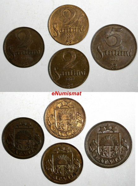Latvia Bronze LOT OF 4 COINS 1922-1932 5 Santimi ;2 Santimi KM# 3;KM# 2