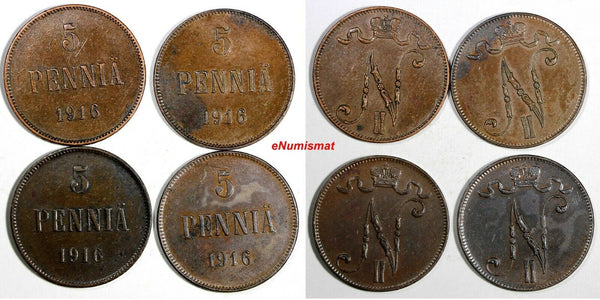 Finland Nicholas II Copper LOT OF 4 COINS 1916 5 Pennia KM# 15