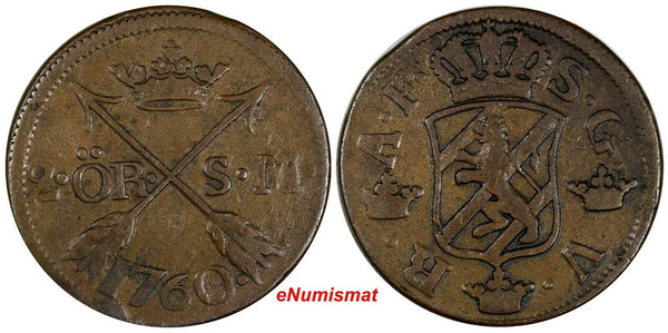 SWEDEN Adolf Frederick (1751-1771) 1760 S.M. 2 Ore Mintage-558,000 KM#461/17 112