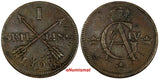 SWEDEN COPPER 1802 1 SKILLING OVERSTRUCK ON 2 ORE S.M. 1760 / FULL EARLY DATE /