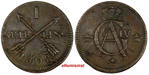 SWEDEN COPPER 1802 1 SKILLING OVERSTRUCK ON 2 ORE S.M. 1760 / FULL EARLY DATE /