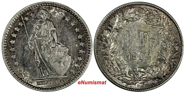 Switzerland Silver 1914 B  1 Franc aUNC Toned KM# 24  (17 149)