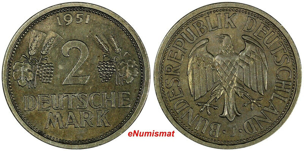 Germany - Federal Republic Copper-Nickel 1951 J 2 Mark Toned KM# 111