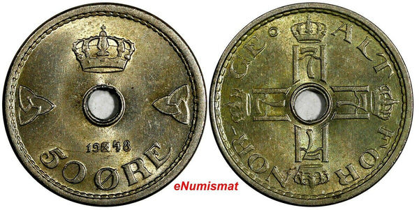 Norway Haakon VII Copper-Nickel 1948 50 Ore aUNC Nice Toned KM# 386 (17 310)