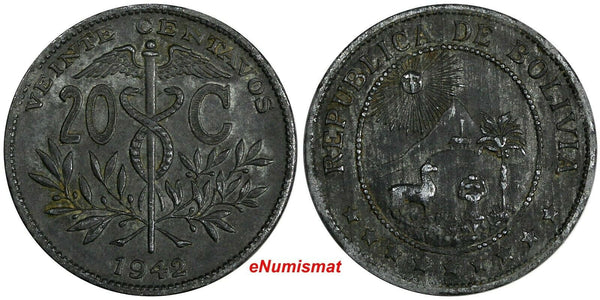 Bolivia Zinc 1942 20 Centavos One Year Type Luster WWII Issue KM# 183 (17 322)