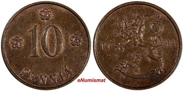 Finland Copper 1934 10 Penniä Helsinki Mint  UNC Condition KM# 24 (17 426)