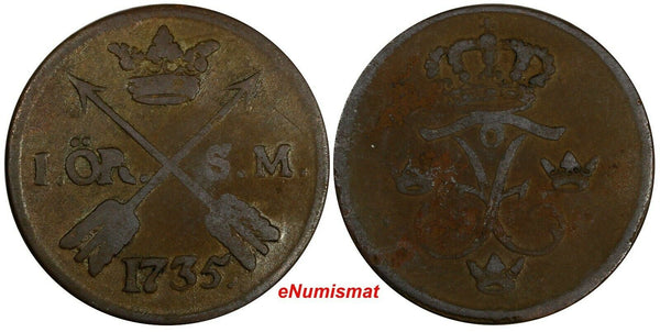 SWEDEN Frederick I (1720-1751) Copper 1735 S.M. 1 Ore KM# 416.1 (17 462)