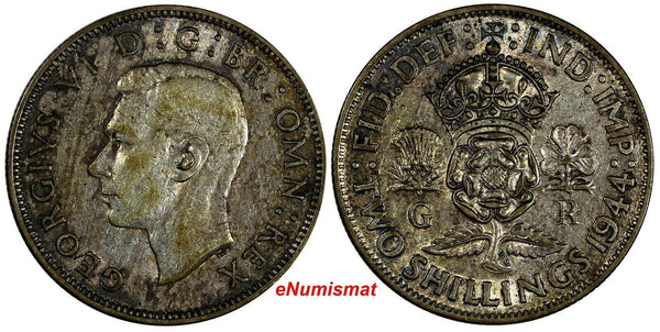 GREAT BRITAIN George VI Silver 1944 Florin /2 Shilling WWII Issue KM# 855(17486)