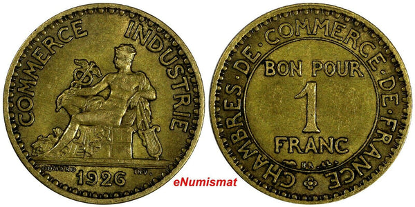 France 1926 1 Franc VF Conditon Chamber of Commerce SCARCE DATE KM# 876( 17 490)