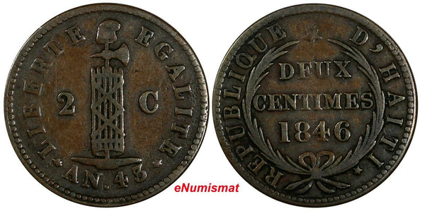 Haiti Copper 1846 // AN 43 2 Centimes KM# 26 Ex.Wolfgang Schuster Coll. (17 561)