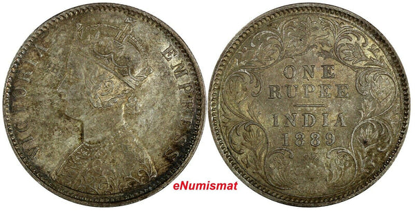 India-British Victoria Silver 1889 C Rupee Calcutta Toned aUNC KM# 492 (17 565)
