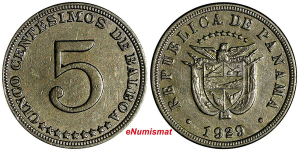 Panama Copper-nickel 1929 5 Centesimos Mintage-500,000 XF KM# 9 (17 661)