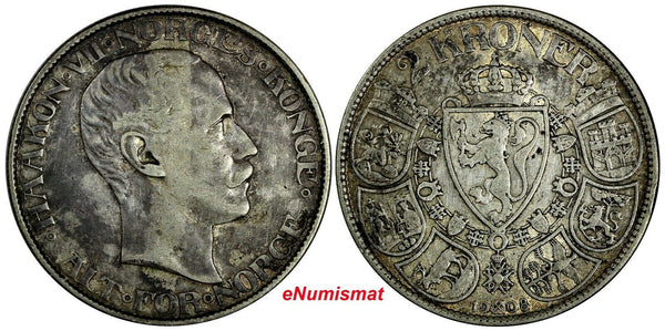 Norway Haakon VII Silver 1908 2 Kroner Mintage-200,000 1st Year Type KM# 370(73)