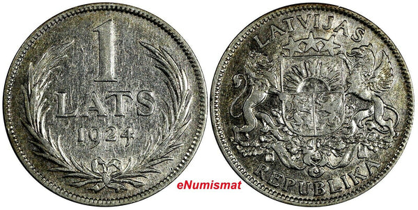 Latvia Silver 1924 1 Lats SCARCE VF-XF Condition KM# 7 (17 694)