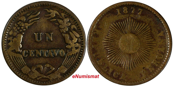 Peru Bronze 1877 1 Centavo 19,5mm BETTER YEAR KM# 187.1a (17 707)