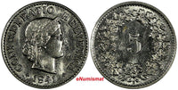 Switzerland Silver 1941 B 5 Rappen Last Year Type SCARCE DATE aUNC KM# 26b(7729)