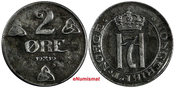Norway Haakon VII Iron 1919 2 Ore WWI Issue XF Condition KM# 371a (17 765)