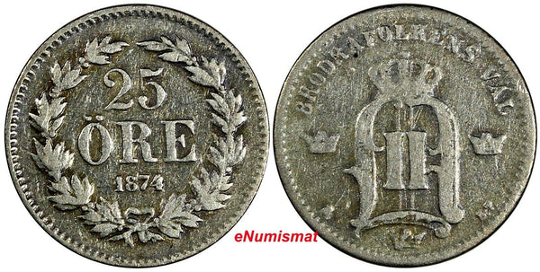 Sweden Oscar II Silver 1874 ST 25 Ore  KM# 738 (17 829)