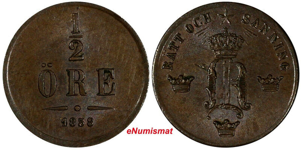 SWEDEN Oscar I Bronze 1858 1/2 Ore BROWN KM# 686 (17 838)