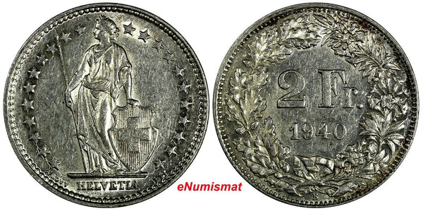 Switzerland Silver 1940 B 2 Francs Helvetia  KM# 21 (17 844)