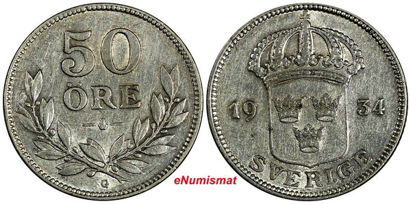 SWEDEN Gustaf V Silver 1934 G 50 Ore Mintage-613,124 KM# 788 (17 846)