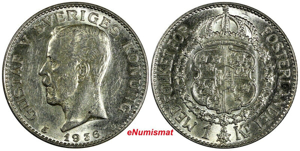 SWEDEN Gustaf V Silver 1936 G 1 Krona  KM# 786.2 (17 851)