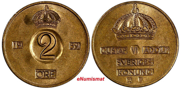 Sweden Gustaf VI Bronze 1959 TS 2 Ore UNC RED Toned  KM# 821 (17 870)