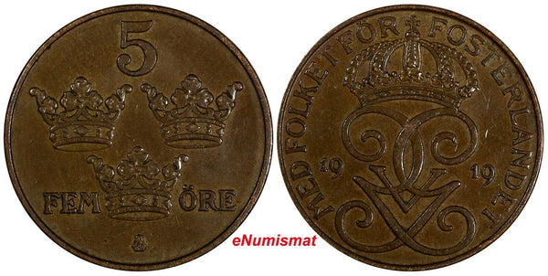 Sweden Gustaf V Bronze 1919 5 Öre KM# 779.2 (17 878)