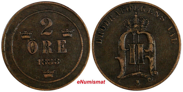 Sweden Oscar II Bronze 1888 2 Öre Mintage-865,067 KM# 746 (17 882)