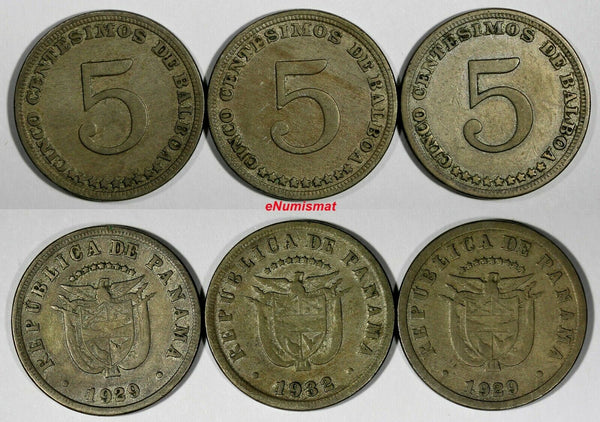 Panama LOT OF 3 COINS Copper-Nickel 1929,1932 5 Centesimos KM# 9 (17 927)