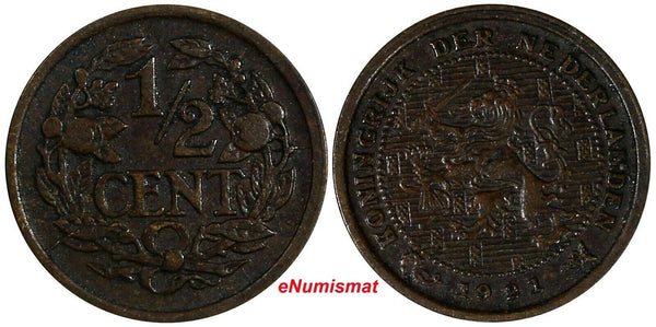 Netherlands Wilhelmina I Bronze 1921 1/2 Cent Better Date KM# 138 (17 930)