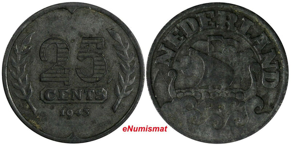 Netherlands Zinc Wilhelmina I 1943 25 Cents WWII Issue KM# 174 (17 931)