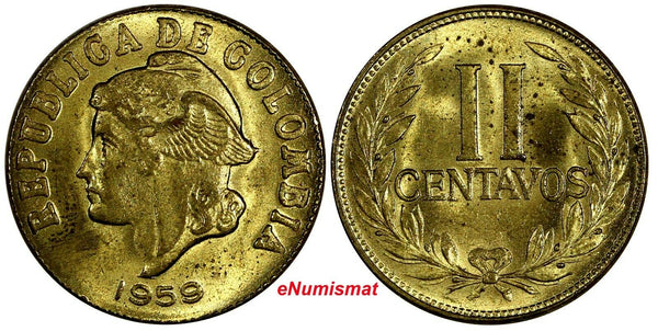 Colombia Aluminum-Bronze 1959 2 Centavos BU KM# 214 (17 969)