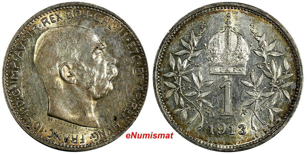 Austria Franz Joseph I Silver 1913 1 Corona High Grade Toned KM# 2820 (18 650)