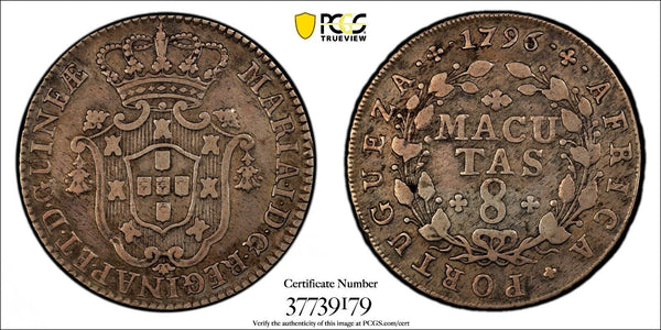 Angola Maria I Silver 1796 8 Macutas Mintage-25,000 PCGS VF35 TOP GRADED KM34(9)
