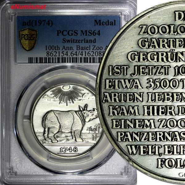 Swiss Basel Zoo Medal 1974.100th Anniversary 33mm PCGS MS64 TOP GRADED (89)