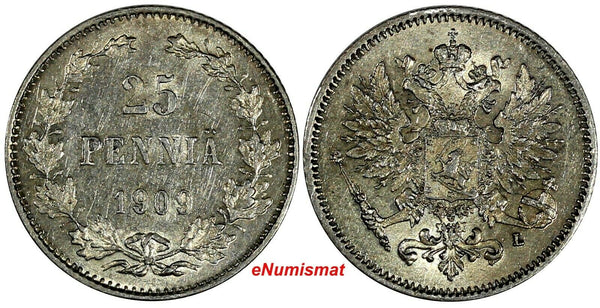 Finland Nicholas II Silver 1909 L 25 Penniä KM# 6.2 (17 280)